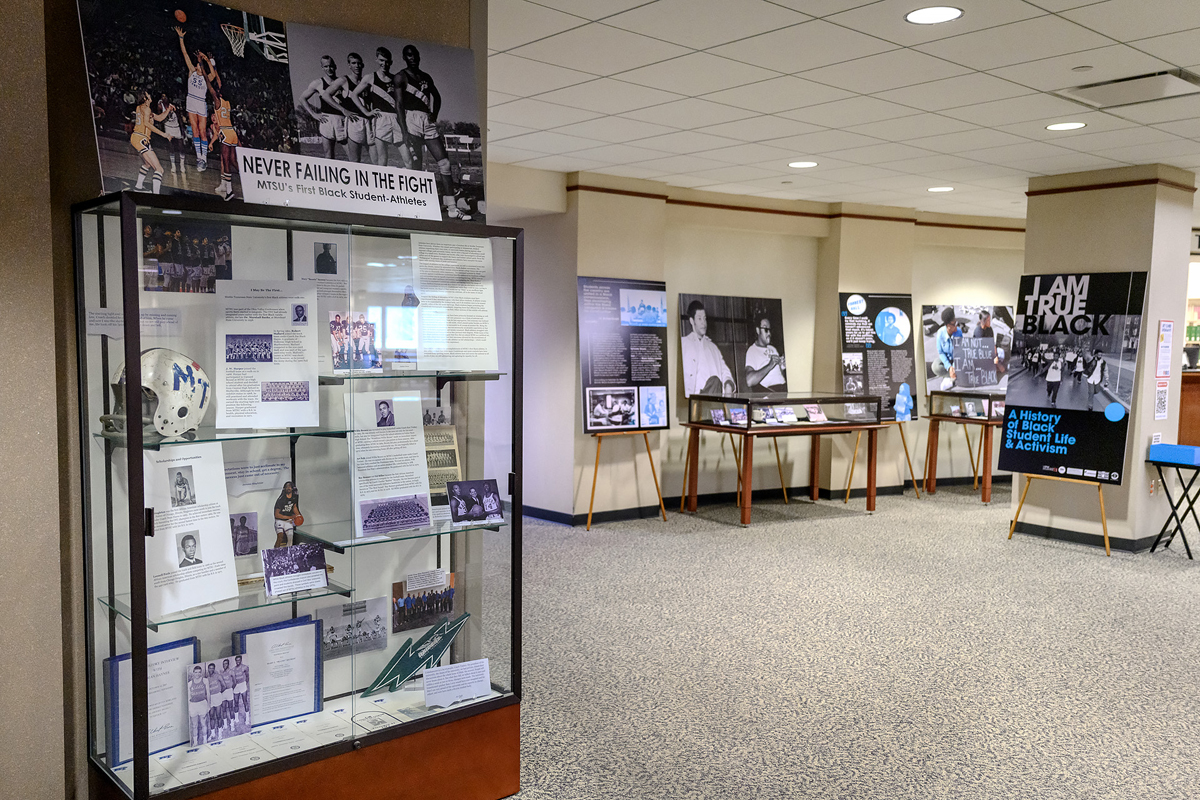 The Albert Gore Research Center and James E. Walker Library opened an exhibit called “I Am True Black: A History of Black Student Life & Activism” in the library on the first floor just past the elevators. The exhibit, which will be a part of MTSU Alumni Spring Showcase April 9-17, explores the history of Black student protest movements, the foundation and work of Black student organizations and other aspects of Black student involvement in MTSU's campus life from the 1960s to present. It will be open during regular library hours. (MTSU photo by J. Intintoli)