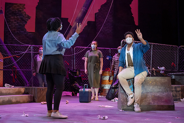 MTSU senior Caleb Mitchell of Antioch, Tenn., right, responds to castmate Stokeley Ellison, a junior from Friendship, Tenn., as she sings "Day by Day" and other cast members look on during dress rehearsal Monday, April 5, in Tucker Theatre for MTSU Theatre's spring production of "Godspell." Tickets are available at http://www.Showtix4u.com/Events/MTSUTheatre. (MTSU photo by Cat Curtis Murphy)