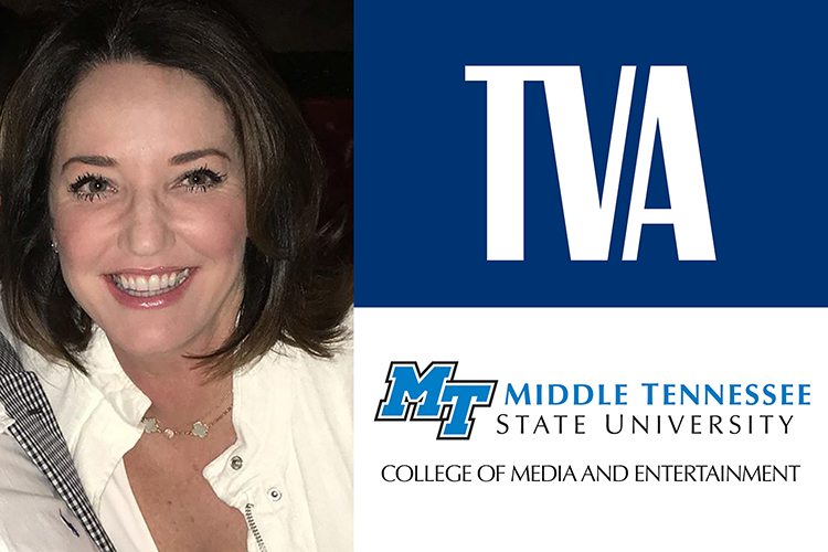 promo with photo of MTSU alumna Beth Prichard Geer, a proposed new member of the Tennessee Valley Authority's board of directors, at left alongside the logos for TVA and MTSU's College of Media and Entertainment.