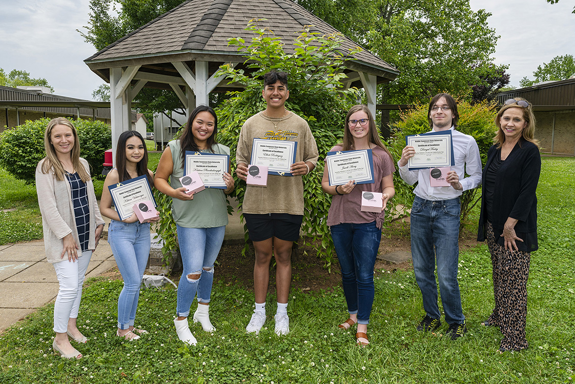 All five Riverdale High School students who took the Nutrition Dual Credit Challenge Exam pose with the certificates showing that they passed the test. From left are Jaime Brown, Riverdale teacher and MTSU alumna; Riverdale students Kaliena Vichitvongsa, Kristina Phanthalangsyk, Eliott Rodriguez, Avery Jewell, and Danyul Fenley; and Janet Colson, professor of nutrition and food science and registered nutrition. (MTSU Photo by Andy Heidt)