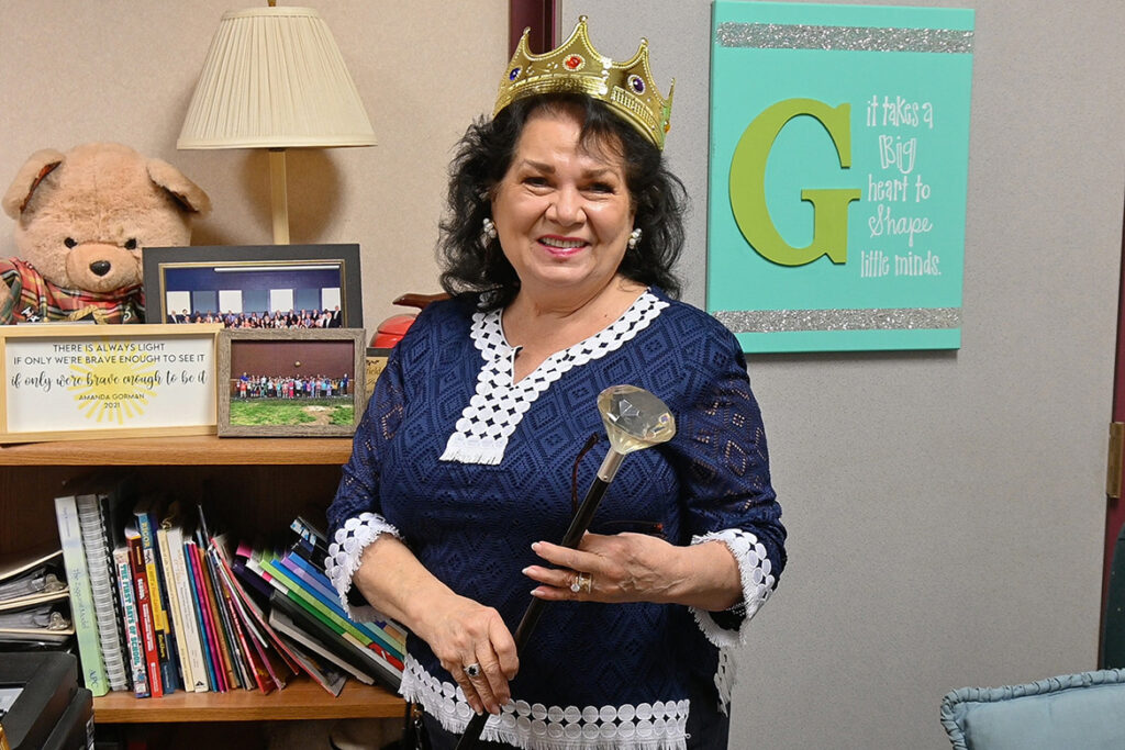 Judy Goodwin, principal of Barfield Elementary School and Middle Tennessee State Elementary School alumna, was celebrated by her school with a crown and scepter after being named Principal of the Year for Rutherford County Schools and posed in her office on March 10, 2021. (MTSU photo by Stephanie Barrette)