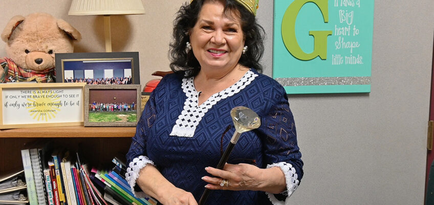 Judy Goodwin, principal of Barfield Elementary School and Middle Tennessee State Elementary School alumna, was celebrated by her school with a crown and scepter after being named Principal of the Year for Rutherford County Schools and posed in her office on March 10, 2021. (MTSU photo by Stephanie Barrette)