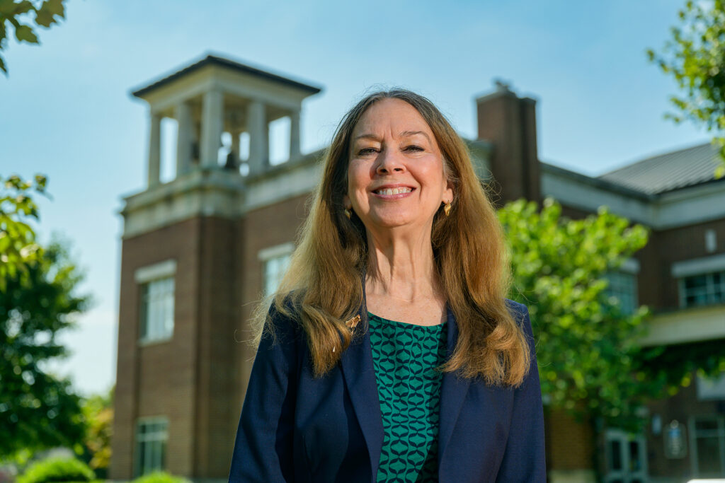 Mary Evins, History Faculty, in and around Paul W. Martin, Sr. Honors College Building. (Photo: Andy Heidt)