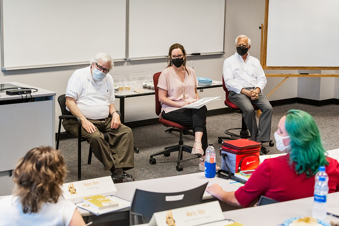 From left, Earl Thomas, management professor in the Jones College of Business and one of the founders of the MTSU Institute of Leadership Excellence, Deana Raffo, institute director and management professor, and ILE instructor David A. Foote, associate dean in the Jones College, teach 2021 ILE students inside the Business and Aerospace Building. This year’s institute was held May 17-21. (MTSU photo by Andy Heidt)