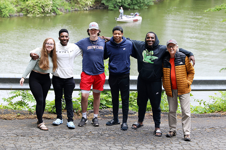 Members of this summer's "Road Trip" crew from MTSU's School of Journalism and Strategic Media gather for a group photo during a rare free moment together. From left are junior journalism major Cassie Clark of Drummonds, Tenn.; Darius White, a junior journalism major from Chattanooga; Noah Baughman, a junior sports media major from Thompson's Station, Tenn.; Jordan Cobbs, a senior video and film production major and native of Montgomery, Ala.; Christian Patterson, a senior interdisciplinary media major from Nashville; and journalism professor Leon Alligood. (photo courtesy of Darius White)