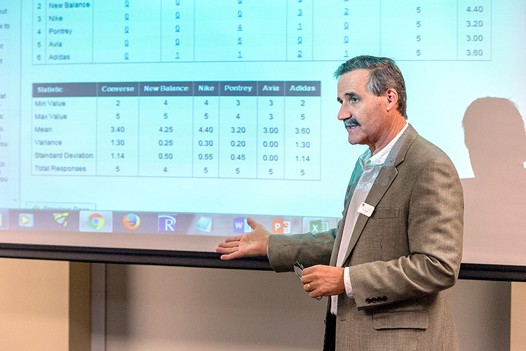 MTSU marketing professor Timothy Graeff makes a point while teaching the Jones College of Business Executive Education Online Marketing Research Workshop at the Rutherford County Chamber of Commerce in this October 2015 file photo. Graeff, who also is the founder of MTSU’s Office of Consumer Research, received the university's top teaching honor, the MTSU Foundation Career Achievement Award, Aug. 19 during the 2021 Fall Faculty Meeting. (MTSU file photo by Andy Heidt)
