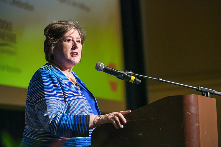 Lana Seivers, Middle Tennessee State University dean emerita of the College of Education, speaks at the College of Education’s annual Admission to Teacher Education induction ceremony at the college on Sept. 25, 2019. (MTSU file photo by Cat Curtis Murphy)
