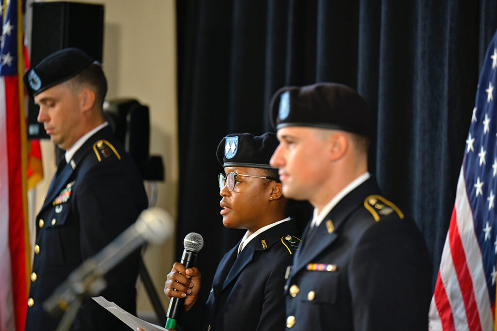 MTSU then-senior ROTC cadets Porter Mitchell, left, Alexis Anderson and Caleb Watts read the timeline of Sept. 11, 2001, events and shared reflections on what that day meant to them in September 2021 in the Tom H. Jackson Building’s Cantrell Hall on campus. The university’s Daniels Veterans Center will host the eighth annual 9/11 Remembrance at 7:30 a.m. Sunday, Sept. 11, in Cantrell Hall. (MTSU file photo by Cat Curtis Murphy)
