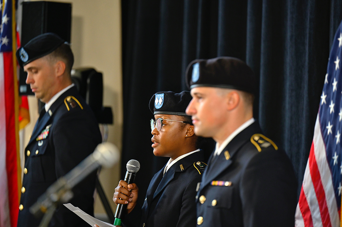 MTSU senior ROTC cadets Porter Mitchell, left, Alexis Anderson and Caleb Watts read the timeline of Sept. 11, 2001, events and shared reflections on what that day meant to them Saturday, Sept. 11, in the Tom H. Jackson Building’s Cantrell Hall on campus. The university’s Daniels Veterans Center hosted the seventh annual 9/11 Remembrance. (MTSU photo by Cat Curtis Murphy)