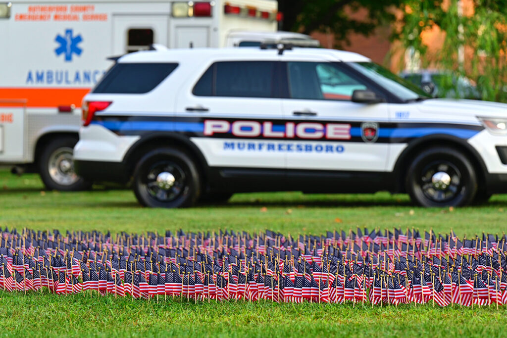 U.S. flags adorn the grounds outside the Tom H. Jackson Building and near the Veterans Memorial site, where the 9/11 Remembrance will be held starting at 7:30 a.m. Sunday, Sept. 11. The public is invited to the event in the Tom H. Jackson Building’s Cantrell Hall. (MTSU file photo by Cat Curtis Murphy)