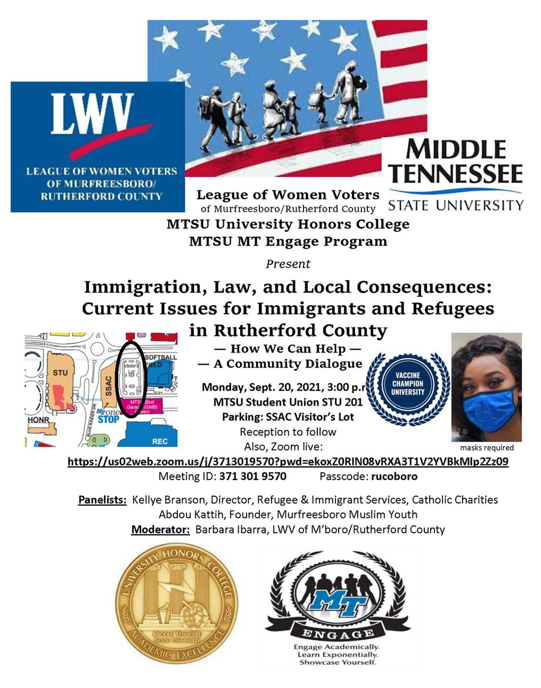 flyer for “Immigration, Law and Local Consequences: Current Issues for Immigrants and Refugees in Rutherford County” panel discussion set Monday, Sept. 20, at 3 p.m. Central in Room 201 of MTSU’s Student Union and online via Zoom.