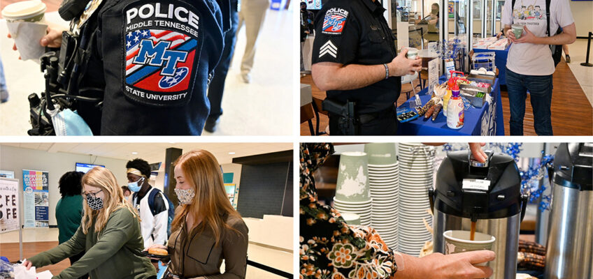 Middle Tennessee State University Police shared complimentary coffee, donuts and conversation with the MTSU community at the Coffee with a Cop event hosted at the Keathley University Center on campus on Sept. 29, 2021. (MTSU photos by Stephanie Barrette)