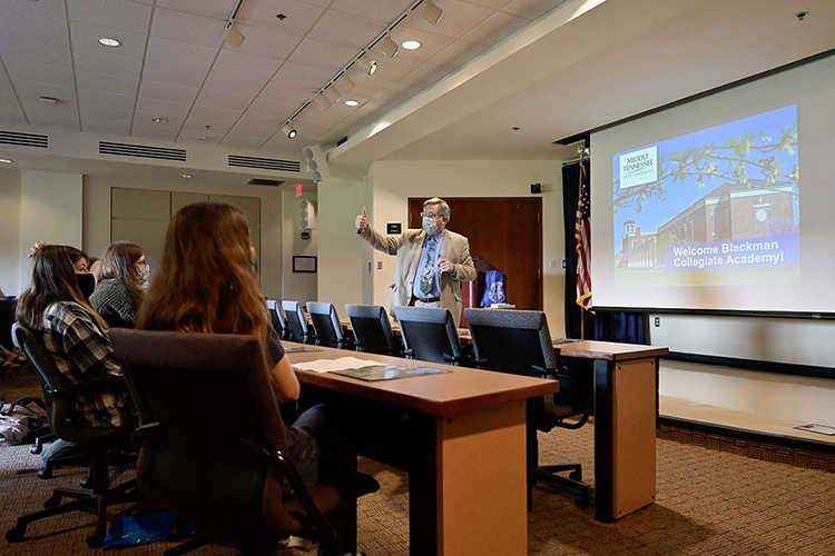 Dean John Vile introduces Blackman Collegiate Academy students to the University Honors College during the group's Oct. 21 tour of MTSU. (MTSU photo by Andy Heidt)