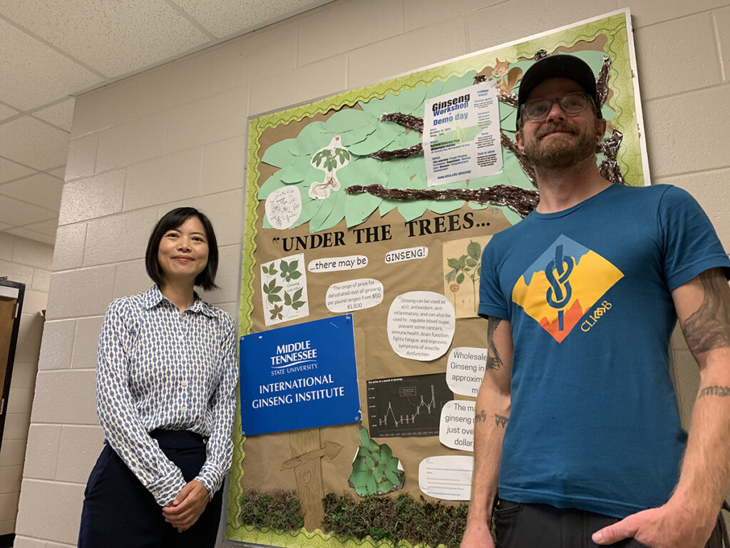 Dr. Iris Gao, left, director of the International Ginseng Institute at MTSU, receives research help from laboratory technician Ethan Swiggart in the lab located in the Stark Agriculture Building. The institute has received $747,500 in funding — $455,000 from the USDA’s National Institute of Food and Agriculture to continue ginseng research. Partners will include Penn State University, the University of Tennessee-Knoxville, the University of Virginia College at Wise and North Carolina State University. (MTSU photo by Randy Weiler)