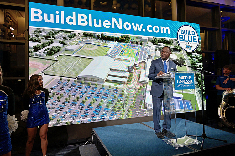 MTSU President Sidney A. McPhee addresses the crowd inside the Kennon Hall of Fame Monday, Nov. 15, during the announcement of the university’s Build Blue Now campaign to invest $100 million to upgrade Blue Raider athletic facilities, including construction of a new Student-Athlete Performance Center next to Floyd Stadium. (MTSU photo by Andy Heidt)
