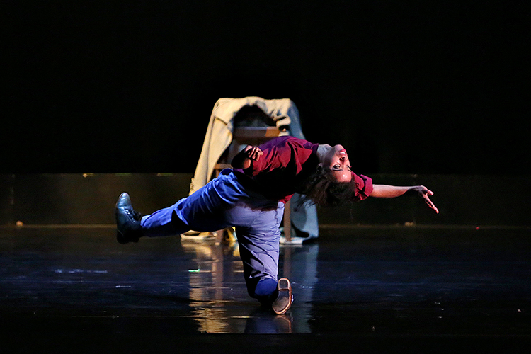 A student member of the MTSU Dance Theatre balances on one knee on the Tucker Theatre stage in this file photo from a previous Fall Dance Concert. MTSU Dance will present its 2021 Fall Dance Concert Thursday-Saturday, Nov. 18-20, at 7:30 each night in Tucker Theatre on campus, and tickets are available at https://mtsu.edu/theatreanddance. (file photo by Martin O’Connor)