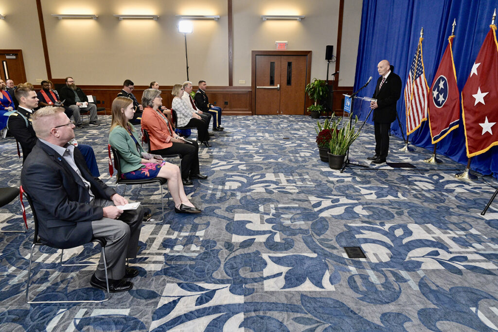 Keith M. Huber, right, MTSU senior adviser for veterans and leadership initiatives, welcomes the 10 honorees and others guests attending the Daniels Center Faculty-Staff Veterans Stole Ceremony Wednesday, Nov. 10, in the Ingram Building’s MT Center. The Daniels Center holds the event during the week of Veterans Day (Nov. 11) and MTSU Salute to Veterans and Armed Forces football game activities, this year scheduled for Saturday, Nov. 13. (MTSU photo by Andy Heidt)