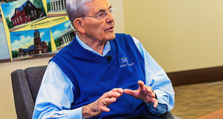 MTSU alumnus and director John Hood discusses his life, career and legacy on the final CityTV “Storytellers” program in the MTSU Room at the Rutherford County Chamber of Commerce after serving as host for 10 years. (City of Murfreesboro photo)