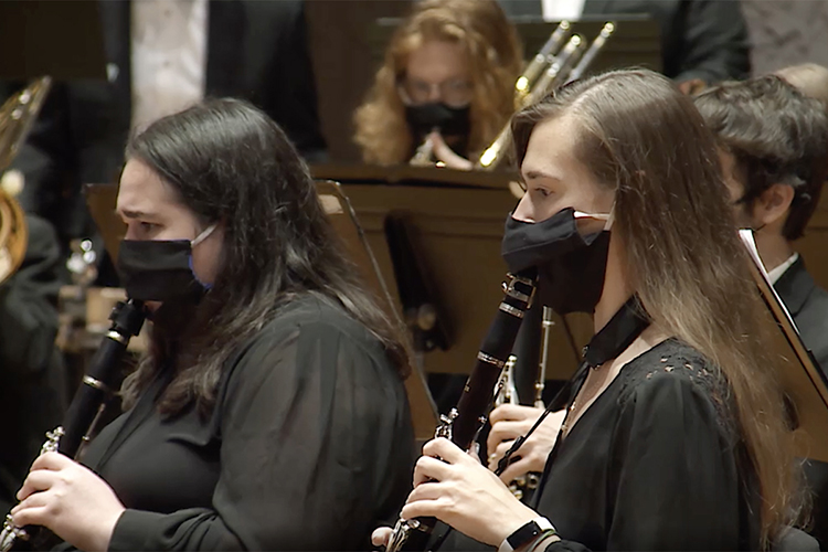 Members of the Middle Tennessee State University Wind Ensemble perform in the 2021 "Joys of the Season” holiday-themed arts showcase from the College of Liberal Arts, premiering Monday, Dec. 6, at 6 p.m. Central on MTSU's True Blue TV — https://mtsu.edu/TrueBlueTV — and the university’s Facebook page and YouTube channel. The hourlong program will be airing all month on True Blue TV and other area media outlets. (MTSU screenshot)