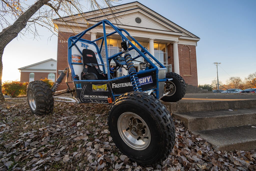 Pictured is one of two Baja experimental vehicles that MTSU Experimental Vehicles Program students drove to the recent Engineering and Technology Mech-Tech Expo and sits in front of the Sam H. Ingram Building on Middle Tennessee Boulevard. The annual event shows students’ work during the fall 2021 semester. (MTSU photo by Cat Curtis Murphy)