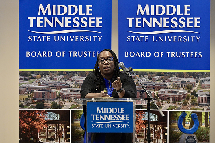 MTSU professor Michelle Stevens discusses the new Fairness, Justice and Equity Center in the College of Education during the Board of Trustees quarterly meeting held Wednesday, Dec. 8, 2021, inside the Miller Education Center on Bell Street. Stevens will serve as director of the new center, which will focus on the recruitment and retention of male teachers of color for teacher preparation programs at MTSU. (MTSU photo by Andy Heidt)