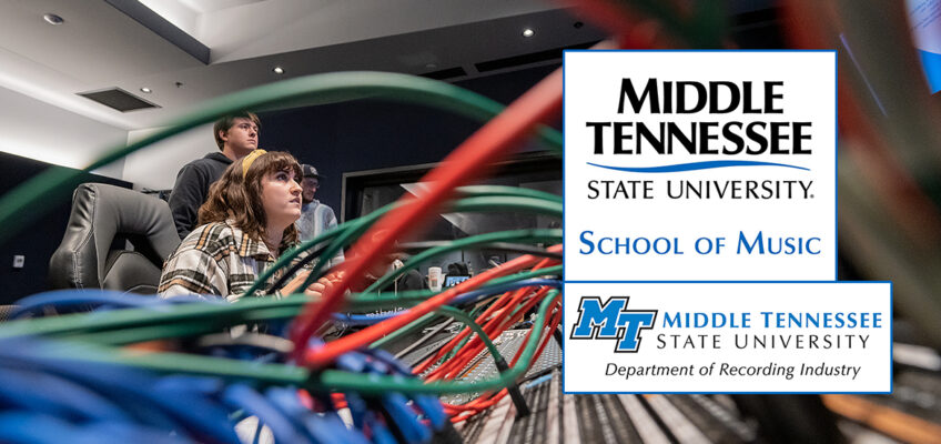 Dani Gillis, center, of Gibsonia, Pa., a junior audio production major in Middle Tennessee State University's Department of Recording Industry, listens closely to a snippet of a "Studio Saturdays" recording session with members of the School of Music's Commercial Music Ensemble at the mixing console in Studio D in the brand-new Main Street Studios facility. Standing behind her are Tanner Alguire, left, a junior audio production major from Cleveland, Tenn., and Samuel Roth, a senior audio production major from Farmington Hills, Mich., (MTSU photo by Cat Curtis Murphy)