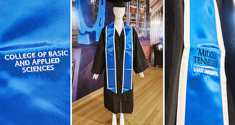 A mannequin displays the new MTSU college stoles that fall 2021 graduates can begin buying Friday, Dec. 3, in the university's Phillips Bookstore in the Student Union to wear at their Saturday, Dec. 11, commencement ceremonies. The close-up views on either side show the embroidered "College of Basic and Applied Sciences" stole with the MTSU trademarked text logo as an example of the new college-specific stoles. (MTSU photos by Andy Heidt)