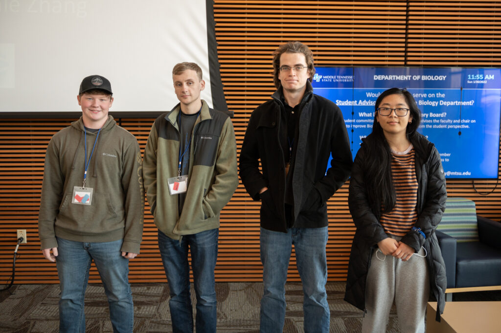 Four MTSU computer science majors are recipients of $1,000 scholarships from the Nashville-based global tech services company Asurion, presented during the university's seventh annual "HackMT" Jan. 28-30 in the Science Building. From left are Elijah Atkins, a freshman from Dickson, Tenn.; Nick Hodge, a senior from Franklin, Tenn.; Sam Thomas, a junior from Eagleville, Tenn.; and Stephanie Zhang, a sophomore from Hermitage, Tenn. (MTSU photo by James Cessna)