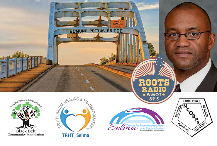 Dr. Sekou Franklin, right, an associate professor of political science and international relations, is the guest on the next "MTSU On the Record" radio program. His interview with Host Gina Logue will air from 9:30 to 10 p.m. Tuesday, Feb. 1, and from 6 to 6:30 a.m. Sunday, Feb. 6, on WMOT-FM Roots Radio 89.5 and www.wmot.org. Franklin and other members of the National Conference of Black Political Scientists conducted a survey of 300 white and Black people in Dallas County, where Selma is the county seat, and 200 white and Black people in surrounding counties in Alabama’s so-called “Black Belt.” (MTSU photo of Franklin; Edmond Pettus Bridge photo courtesy of the civilrightstrail.com)