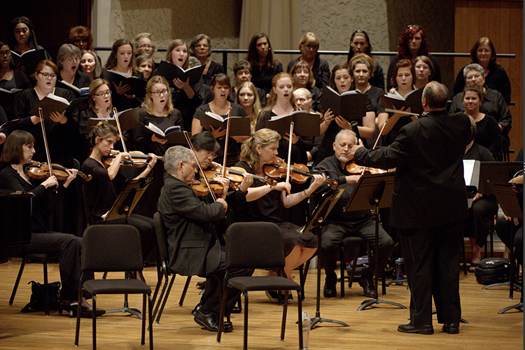 MTSU School of Music professor Raphael Bundage conducts the MTSU Schola Cantorum student ensemble, the Middle Tennessee Choral Society and their orchestra in concert at Hinton Music Hall in the university’s Wright Music Building in this file image. The Schola Cantorum will present a free public concert, “All for Love,” on Tuesday, Feb. 15, at 7 p.m. in Hinton Hall. (MTSU file photo by J. Intintoli)