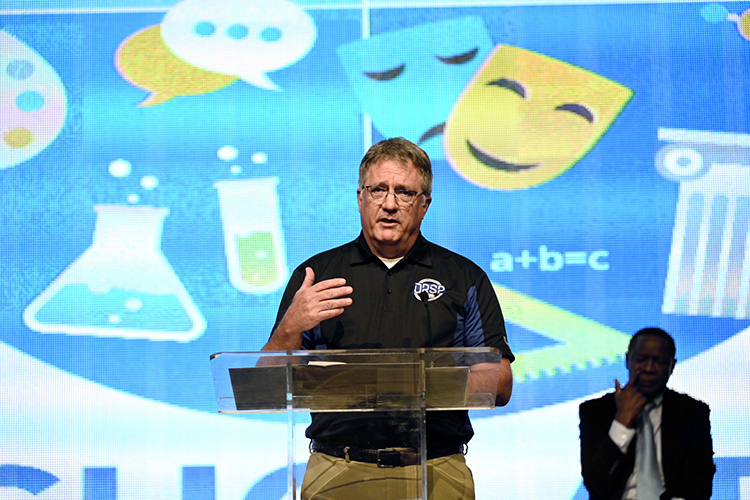 Middle Tennessee State University Provost Mark Byrnes announces the university’s historic elevation to R2 “High Research Activity” Carnegie classification status on March 25, 2022, at the ballroom of the Student Union Building on campus. (MTSU photo by J. Intintoli)