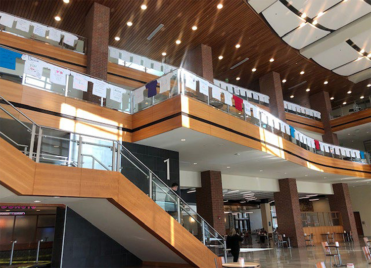 T-shirts decorated with Sexual Assault Awareness Month messages adorn the interior of the Student Union as part of the 2021 Clothesline Project at MTSU. This year's event is scheduled for April 4-8. (Photo submitted)