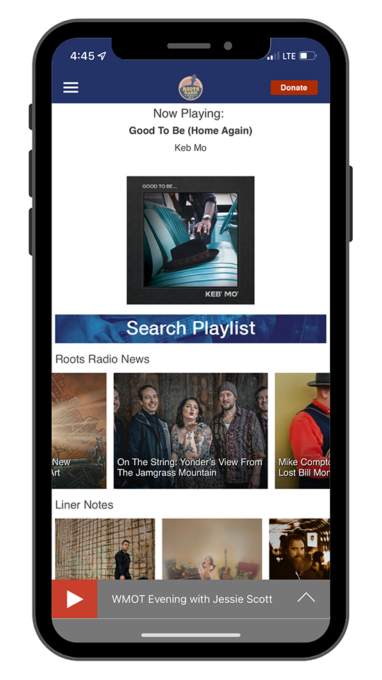 This screenshot shows one of the features available on the new WMOT-FM radio app recently launched by the American Roots station based at MTSU. (Courtesy of WMOT-FM Roots Radio 89.5)