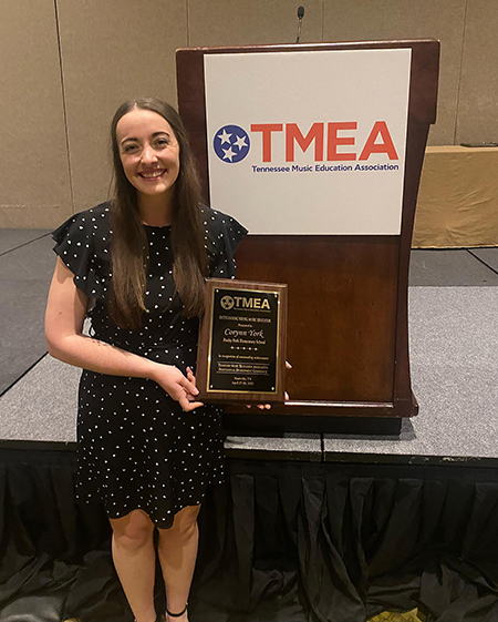 Corynn York, Middle Tennessee State University alumna and elementary music teacher at Rocky Fork Elementary School in Smyrna, Tenn., was recently named the Outstanding Young Music Educator by the Tennessee Music Education Association, or TMEA, and received her award at the TMEA professional development conference awards banquet in Nashville on April 28, 2022. (Photo courtesy of Corynn York)