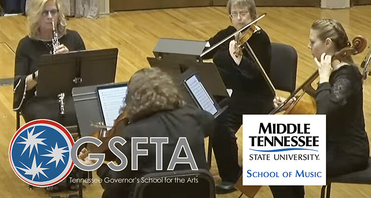 A quartet of music instructors from the 2022 Tennessee Governor's School for the Arts performs for the student attendees Friday, June 10, inside the MTSU School of Music’s Wright Music Building during the three-week arts residency program, which kicked off on campus June 4. The Governor's School music faculty, which includes MTSU music professors, will present free public concerts this month on Tuesday, June 14; Friday, June 17; and Tuesday, June 2, at 7:30 p.m. to share their artistry with the community. The Governor's School and MTSU School of Music logos are also shown. (Screen shot image from MTSU School of Music livestream channel)