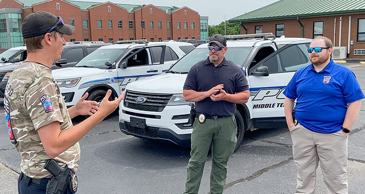 Lt. Andrew Bennett of the Middle Tennessee State University Police Department, left, instructs Lt. Jon Leverette, center, and Detective Trevor Chaney in the department’s annual Emergency Vehicle Operations Course training at the Smyrna Airport in Smyrna, Tenn., on June 10, 2022. (Photo courtesy of MTSU Police)