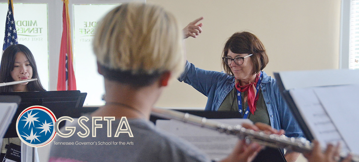 MTSU School of Music professor Deanna Little, background right, coordinates a recent rehearsal inside the Tom H. Jackson Building involving high school flute players attending the 2022 Governor’s School for the Arts. The students are preparing for the GSFTA’s grand finale June 25 to wrap up the three-week residency program. (MTSU photo by Favour Boluwade)