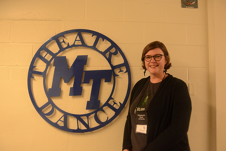 Kate Goodwin, an MTSU assistant theatre professor, is new director of the Tennessee Governor’s School for the Arts hosted at MTSU. Goodwin, shown here inside the Boutwell Dramatic Arts Building, now leads the three-week residency program for talented rising high school juniors and seniors from across the state. (MTSU photo by Favour Boluwade)