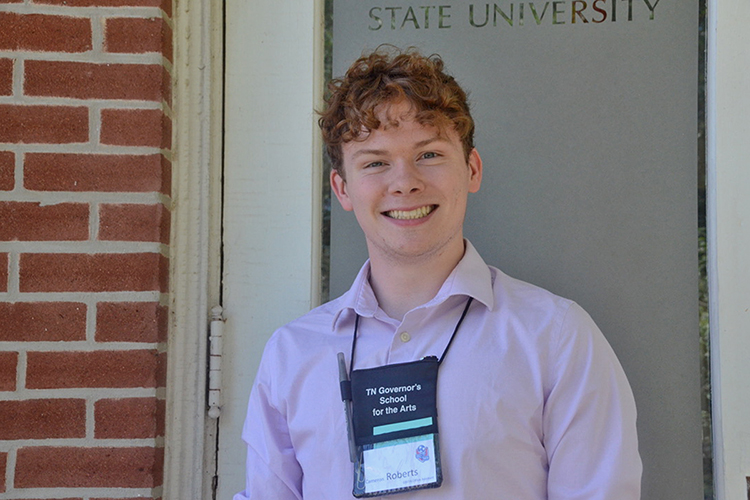 MTSU student Cameron Roberts, a junior music education major and office assistant at the Governor’s School for the Arts office at MTSU, is handling social media for this year’s three-week residency program. Roberts, shown here recently outside the Tom H. Jackson Building, was a vocal performer at the Governor’s School in 2019. (MTSU photo by Favour Boluwade)