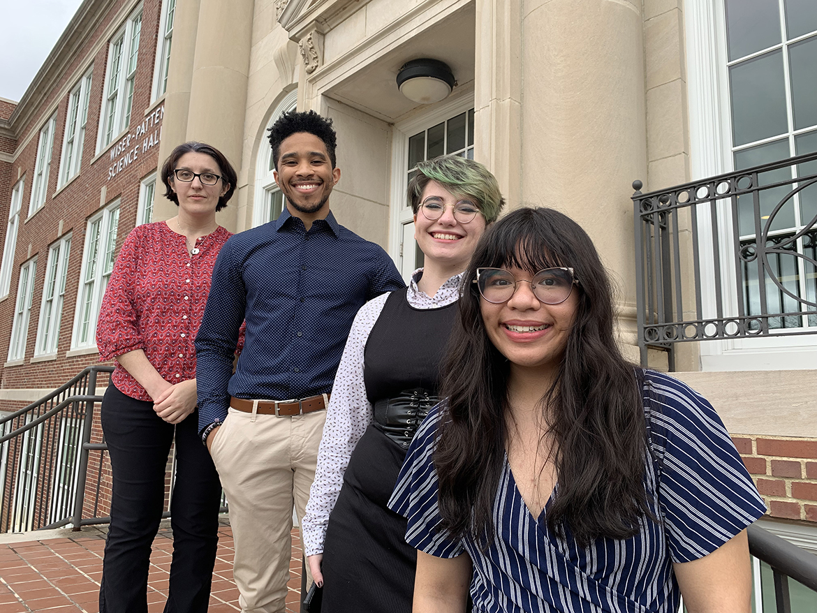 Hanna Terletska, left, an assistant professor in physics in the MTSU Department of Physics and Astronomy, gathers outside Wiser-Patten Science Hall with three outstanding students — DaVonte Lewis, Quinn Wilson and Janelle Valdez — for the just-completed 2021-22 academic year. All three participated in the first-time physics poster session in April. Lewis, who is headed to graduate school at Johns Hopkins University this fall, participated in a National Science Foundation REU at the University of Illinois last summer. Valdez (Boston University) and Wilson (Cornell) will be in REUs this summer. (MTSU photo by Randy Weiler)