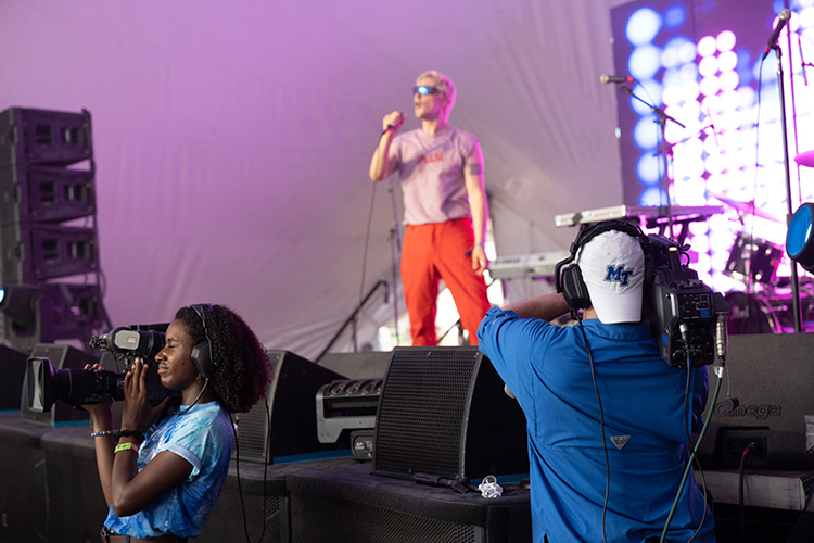 MTSU College of Media and Entertainment students film a performance early Sunday, June 19, at the Bonnaroo Music and Arts Festival in Manchester, Tenn., one of 21 performances captured by students in the Media Arts and Recording Industry departments during the four-day festival. (MTSU photo by James Cessna)