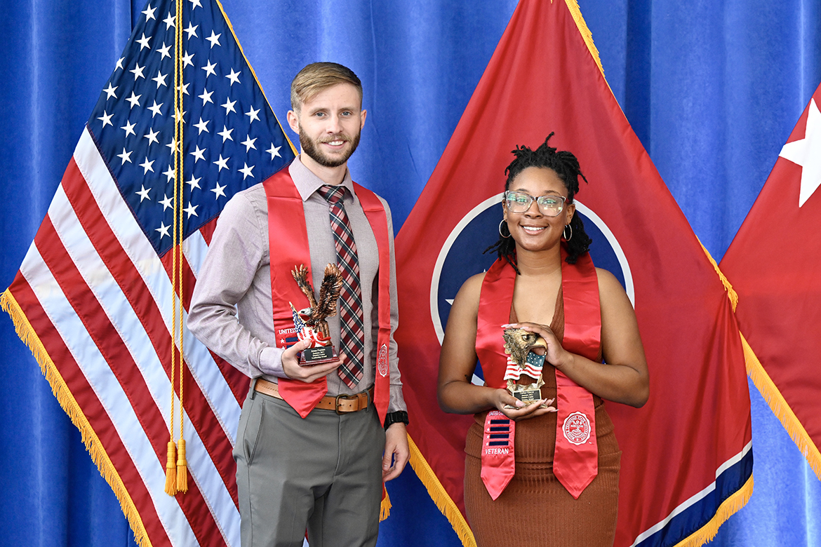 Murfreesboro residents Jonas Farmer, left, recipient of the Leadership Award, and Dallas Glover, who was recognized with the Journey Award presented by the Journey Home Project, were among 20 participants attending the summer Graduating Veterans Stole Ceremony in the second-floor atrium of the Miller Education Center. Forty-four student veterans will graduate at 9 a.m. Saturday, Aug. 6, in Murphy Center. (MTSU photo by J. Intintoli)