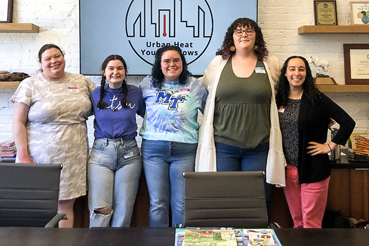 Middle Tennessee State University professors Alisa Hass, far left, and Adelle Monteblanco, far right, worked with MTSU students and research assistants Sophia Roberts, center left, Marissa Pickett, center, and Hannah Newcomb, center right, to conduct research on the Urban Heat Island effect at the Cumberland River Compact building in Nashville, Tenn., during June 2022. (Photo courtesy of Adelle Monteblanco)