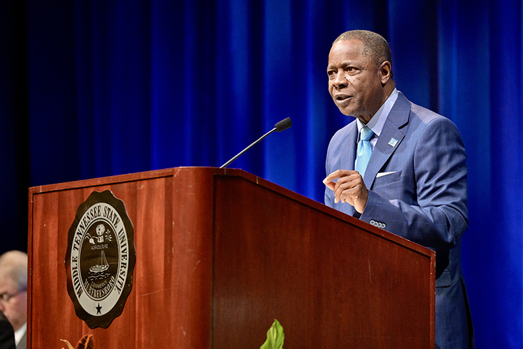 Middle Tennessee State University President Sidney A. McPhee gives his State of the University address Thursday, Aug. 18, at the 2022 Fall Faculty Meeting inside Tucker Theatre on the MTSU campus. (MTSU photo by Andy Heidt)