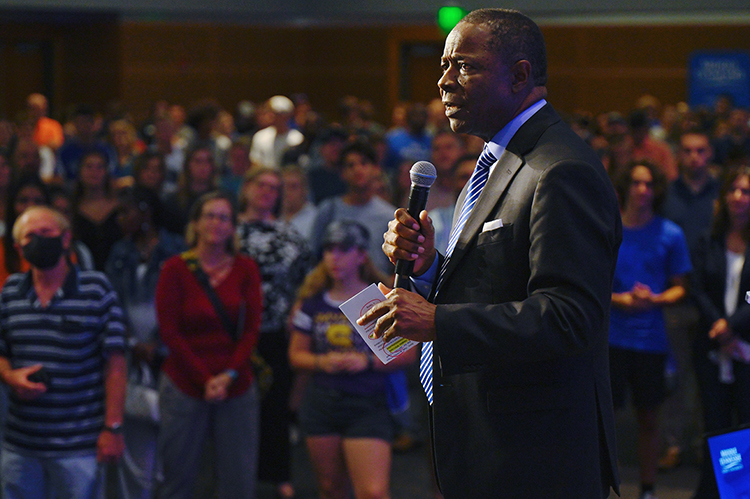 Middle Tennessee State University President Sidney A. McPhee speaks to the crowd of prospective MTSU students and their families during the kickoff event for the university’s annual True Blue Tour at the Student Union Building on campus Wednesday, Aug. 17, 2022. (MTSU photo by Cat Curtis Murphy)