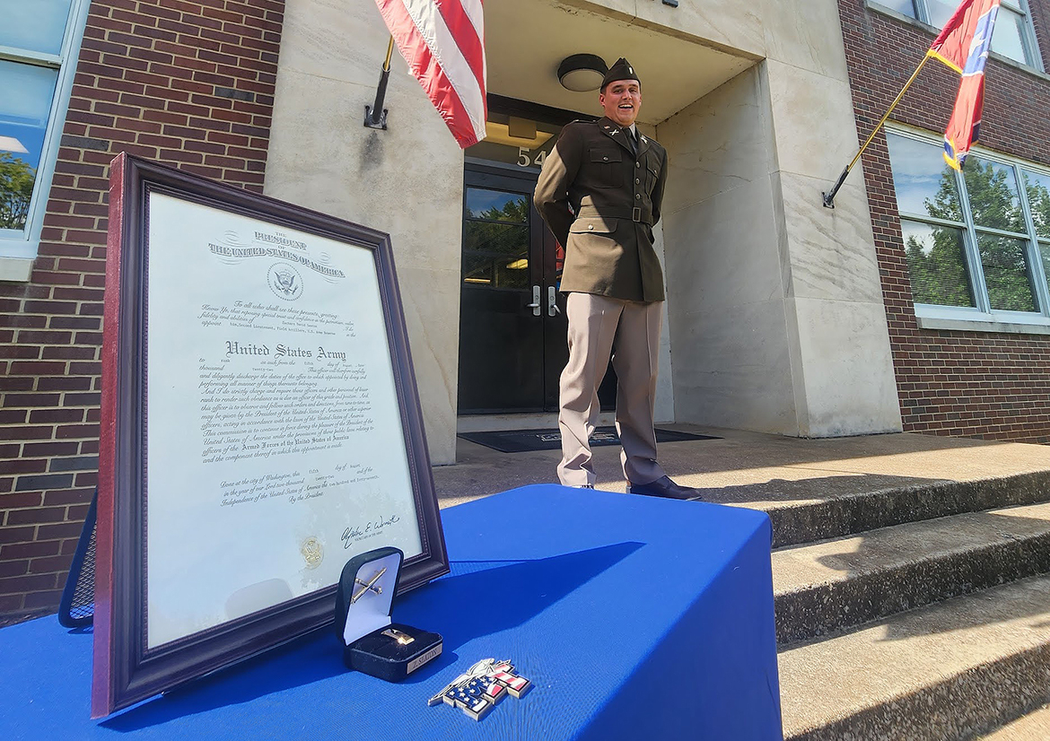Recent MTSU graduate Zach Seaton of Columbia, Tenn., is shown at the early August ceremony where he was commissioned as a second lieutenant in the U.S. Army. A geosciences major, he will join the field artillery branch of the Army National Guard. (MTSU photo by Samantha Valentine)