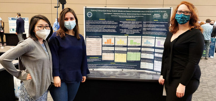 Middle Tennessee State University undergraduate researchers Thipphaphone Niravong, left, Mariana de Araujo Bryan, center, and Elizabeth Wybren present innovative research about effective science communication that they contributed to at the university’s spring 2021 Scholar’s Week research exposition event on campus. (Photo courtesy of Liz Barnes)