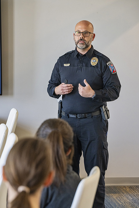 Sgt. Jason Hurley of the Middle Tennessee State University Police Department instructs a group of university academic advisors on a civilian active shooter training course at the Academic Classroom Building on campus on Sept. 15, 2022. (MTSU photo by Andy Heidt)