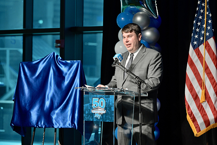 Bill Waits, assistant vice president for MTSU Campus Planning, thanks all of the individuals and companies involved in the SageGlass installation project at Murphy Center during the kickoff event Tuesday, Oct. 18, on the track concourse for a yearlong celebration of the 50th anniversary of the facility. (MTSU photo by Andy Heidt)