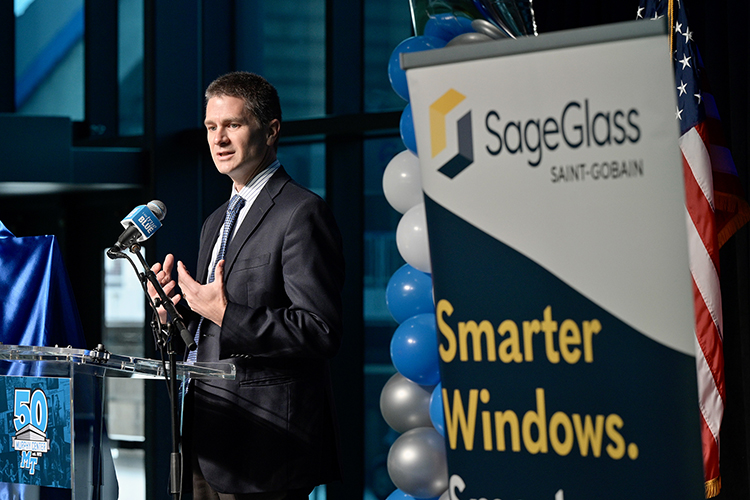 DJ Damberger, vice president and general manager of SageGlass, discusses his company’s role in providing the 33,000 square feet of “smart windows” installed at Murphy Center at Middle Tennessee State University over the past two years during a kickoff event Tuesday, Oct. 18, for a yearlong celebration of the 50th anniversary of the building. (MTSU photo by Andy Heidt)